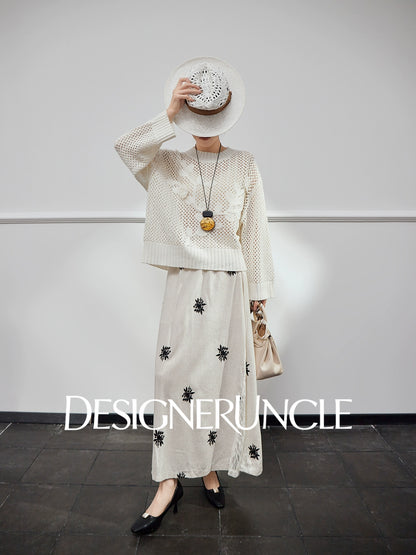 DGU|White sweater new loose design niche pullover light luxury hollow knitted top - BEHOLD.
