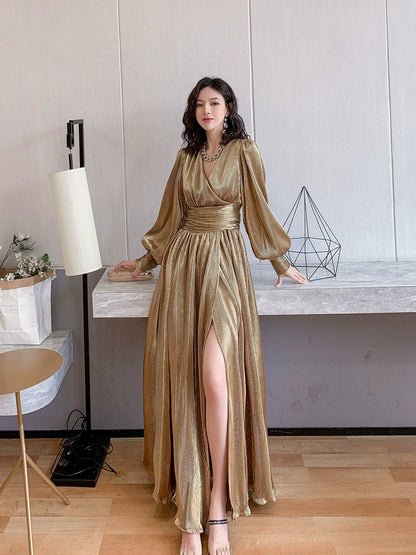 DOLLY Elegant Retro Gold Deep V-Neck Long Puff Sleeve Long Slit Award Dress-HUGO