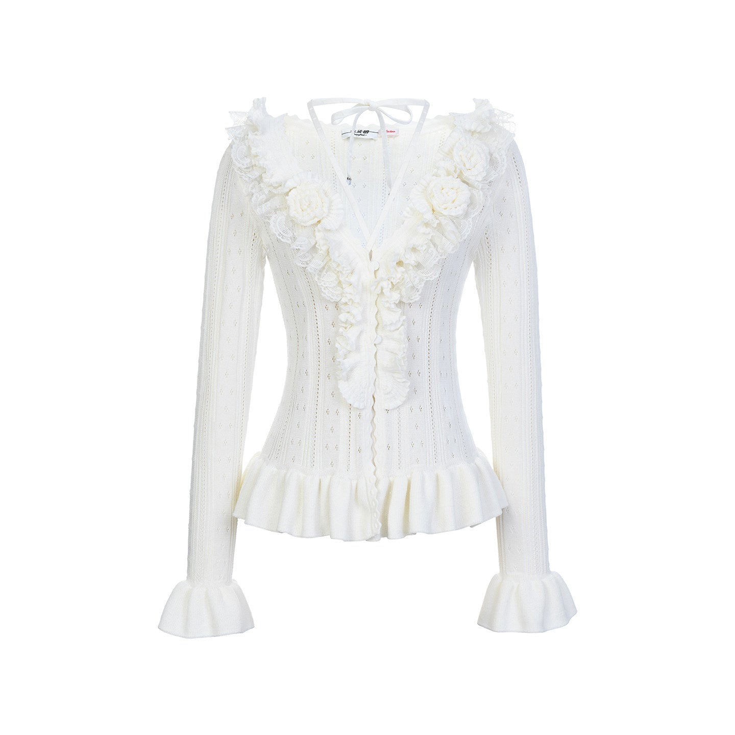 FAME Three-Dimensional Floral Ruffle Trim Lace Long Sleeve Knitted Sweater