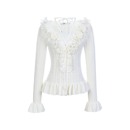 FAME Three-Dimensional Floral Ruffle Trim Lace Long Sleeve Knitted Sweater