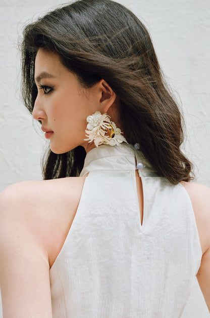 WANGXO Hand-Pinched Pleats Cross Halterneck Umbrella Swing Top with Sculpted Elegance -NYRA