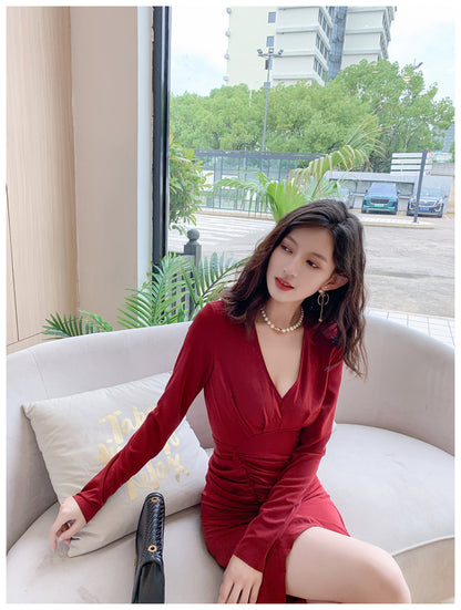 DOLLY Retro Style V-Neck Long Sleeve Pleated Waist Long Slit Dinner Dress-NEYO