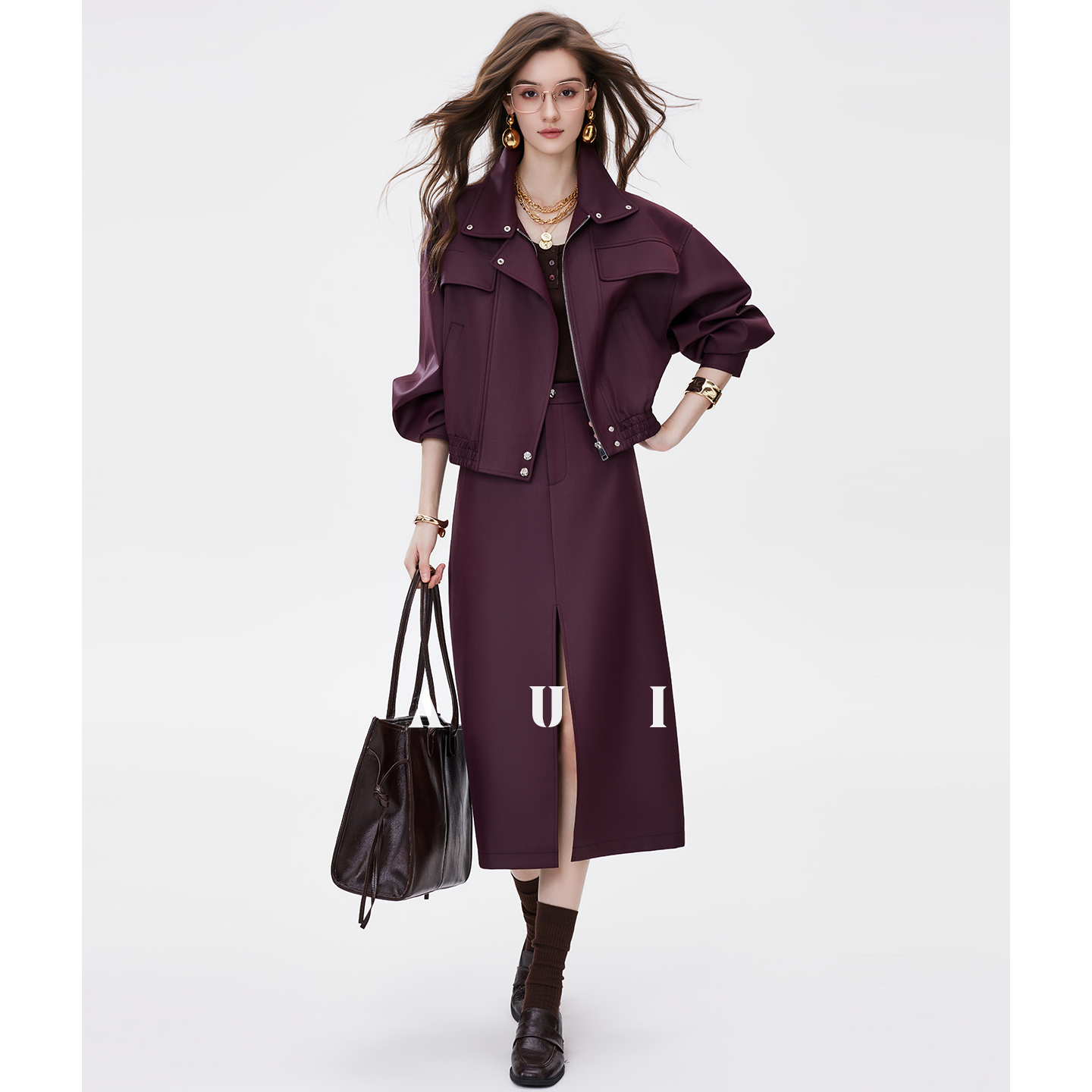 AUI Quiet Luxury Style Stand Collar Jacket Slit A-Line Skirt Two-Piece Set -  Eun Ae!