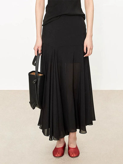 NOTHONG WRITTEN crepe de chine + chiffon silk double-layered 2 pieces Ambience aesthetics stitching irregular skirt-NORA
