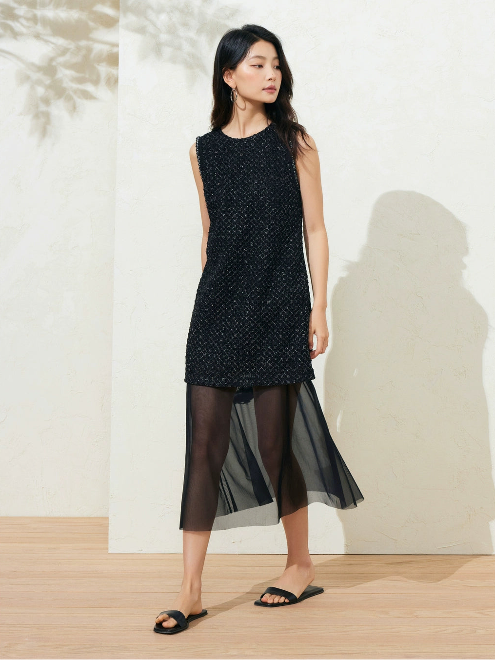 Sushe Dark Urban Party silver tweed mesh sleeveless dress-AVA