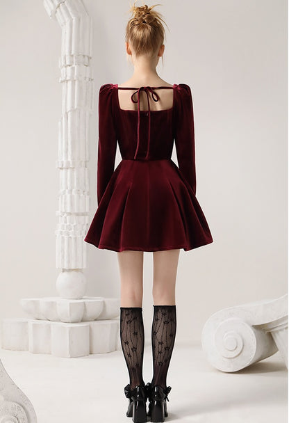 CHECOCRE Elegant French Vintage Cherry Banque Velvet Red Short Dress - TRANS