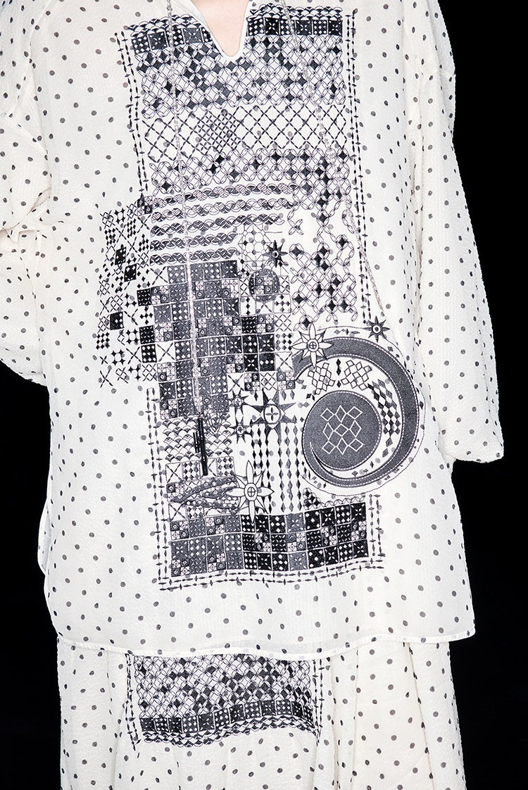 M essential Mackay designer Fubo tulle printed pavé embroidery stand-up collar shirt - LOVE.