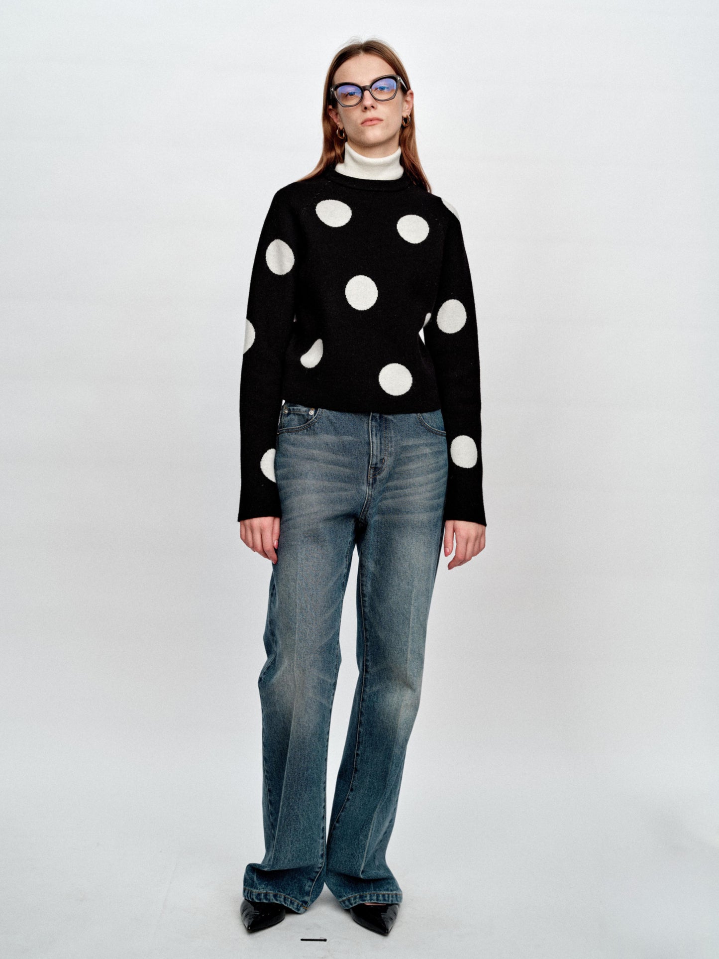 SERRER Black polka dot jacquard high-neck cropped knitted sweater - JAYDEN.