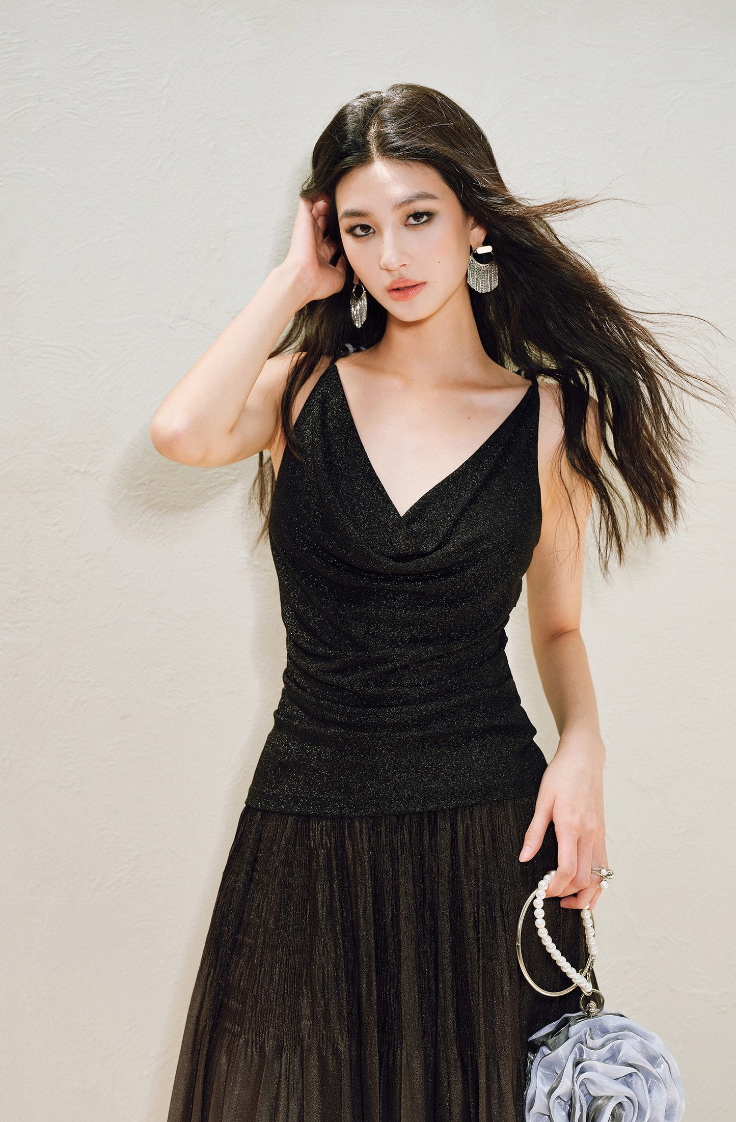 WANGXO | Elegant Swing Neckline Pleated Waist Beaded Camisole Top- SENA