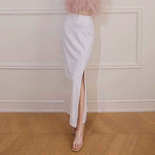 DOLLY Elegant Retro White Sequin Slit Long Formal Dinner Chic Skirt-MAGIC  (V)