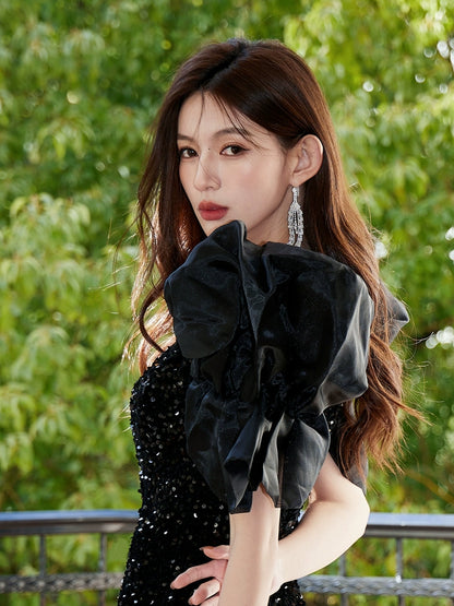 Dolly Elegant Black Sequin V-Neck Short Puff Sleeve Off Shoulder Evening Dress-JUANITA