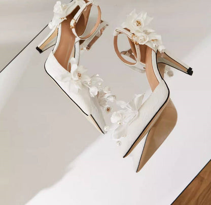 B-FEI white flower wedding ankle strap high heel shoes-MIJI.