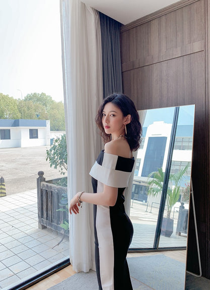 DOLLY Elegant Black and White Off Shoulder Short Sleeve Long Bandage Dress-MAZE