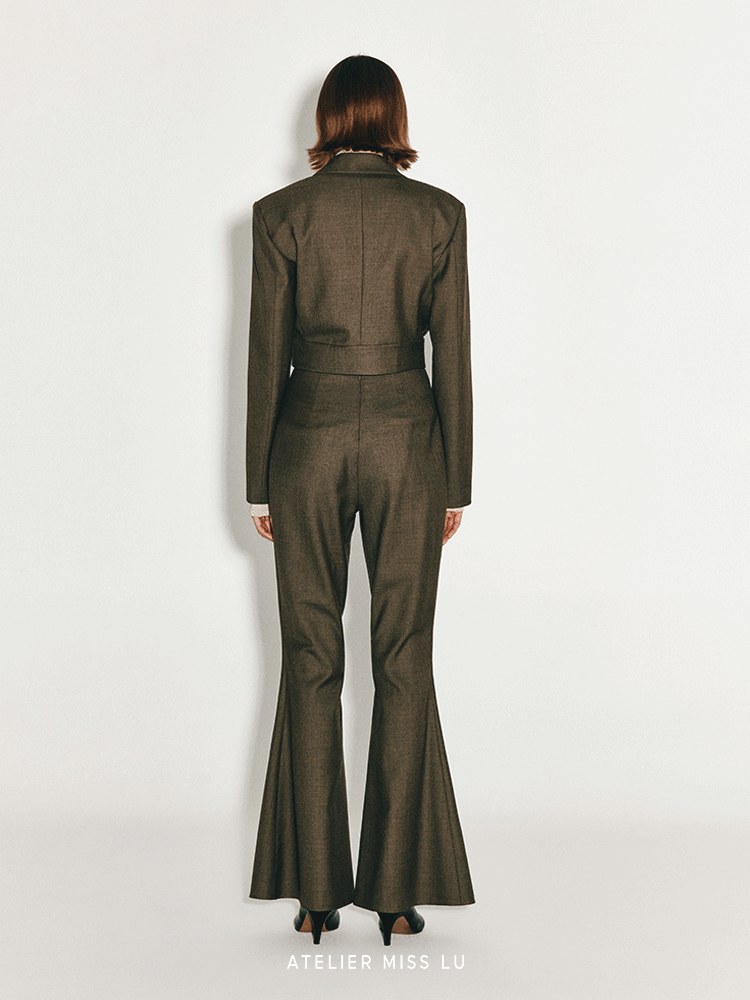 ATELIER MISS LU Button-down Hem Straight Wool Cropped Suit - JECOR.