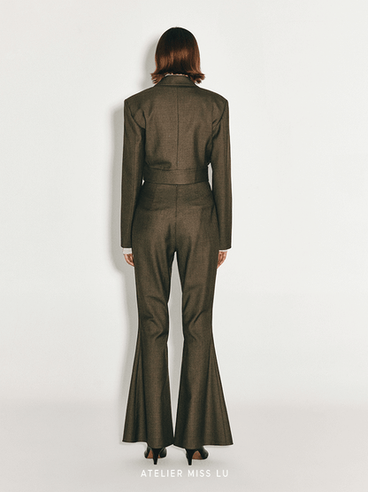 ATELIER MISS LU Button-down Hem Straight Wool Cropped Suit - JECOR.