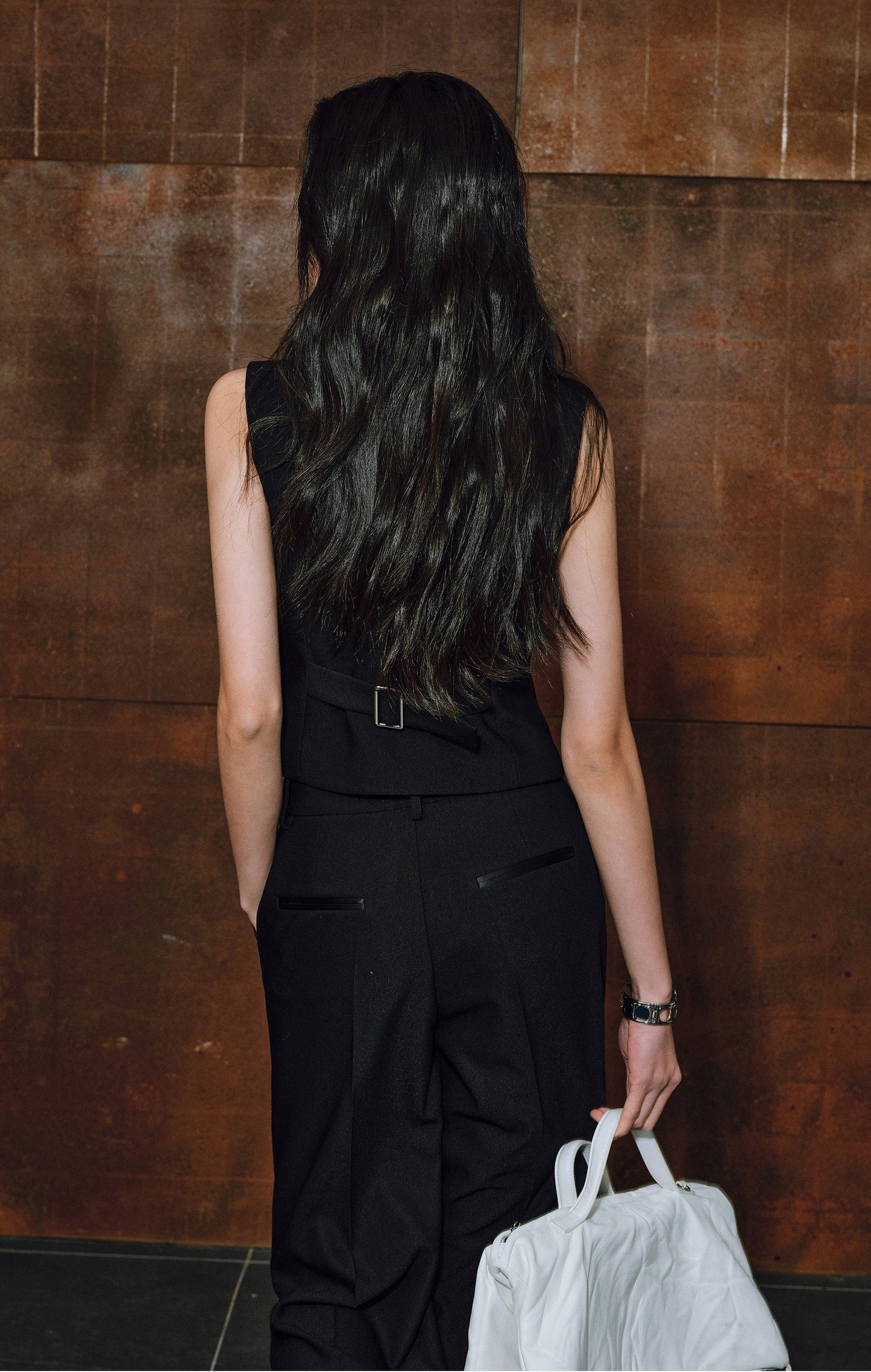 WANGXO|Wide Suit Material Spell Real Acetate Detachable Handmade Flowers V-Neck Vest Trousers - MAVIS