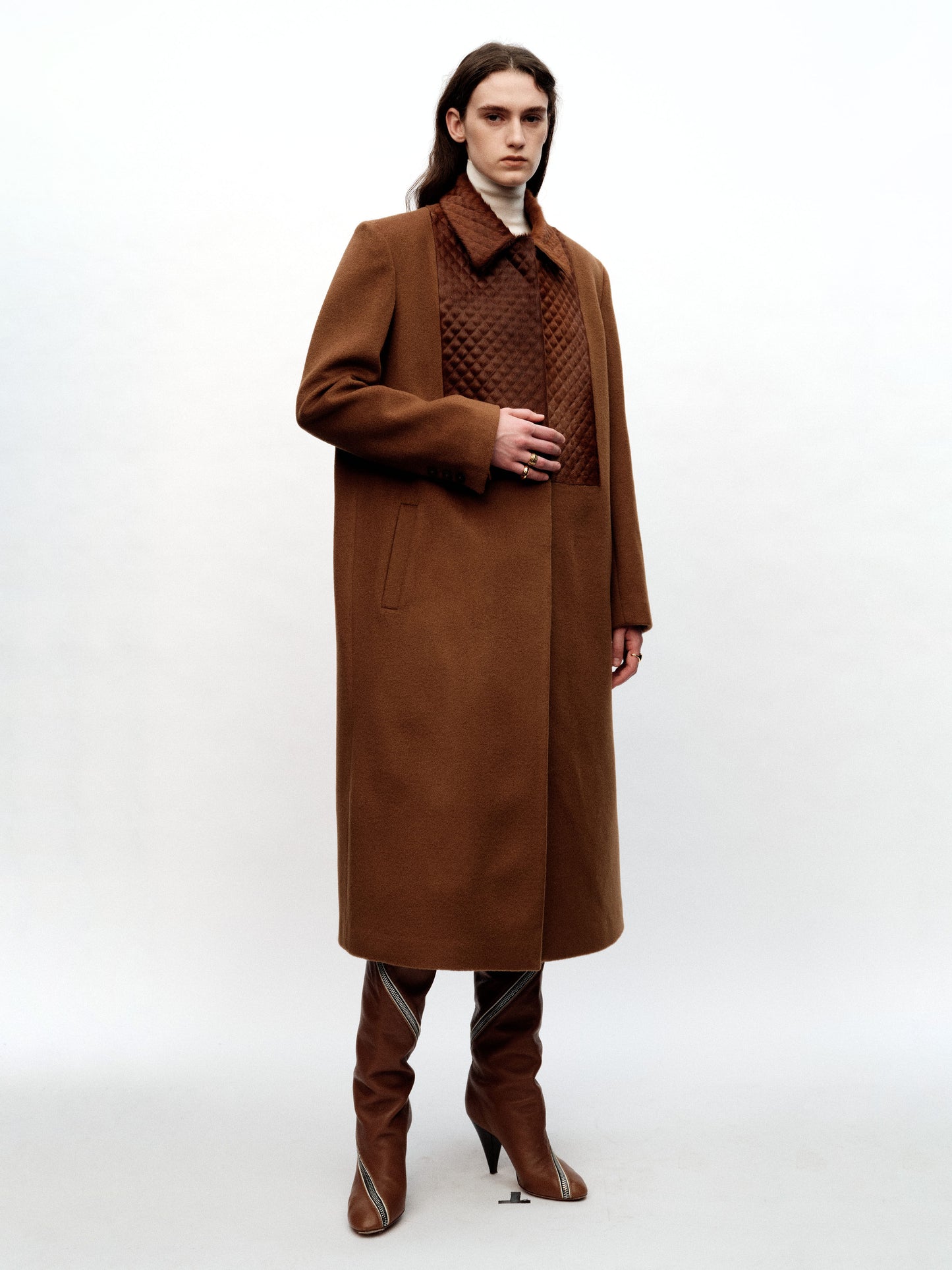 SERRER Coffee-pressed diamond patchwork wool loose classic single-breasted coat - AVA.