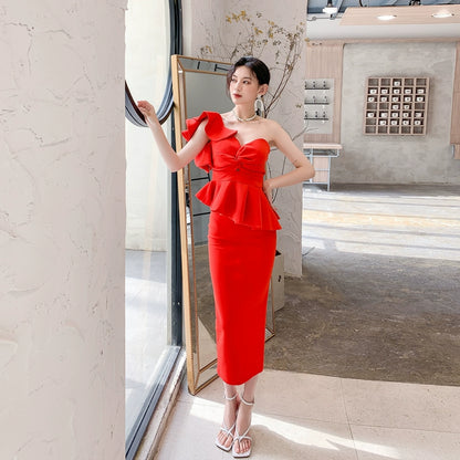 DOLLY Elegant French Style Off Shoulder Ruffle Short Top+ High Waist Skirt-LOIS