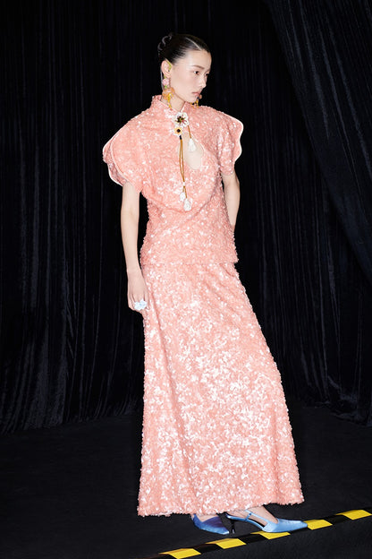 M essential Mackay designer label orange embroidered stand-up collar frame structure slim top - DEMI.