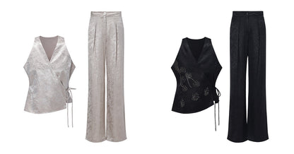 WANGXO  Cross-Strappy Top Relaxed Pants and Statement Silhouette Suits Set -ZAYA