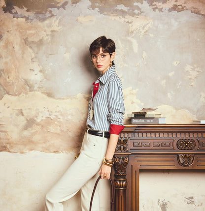 ANNASPEAK cotton up-and-down loose slimming striped long-sleeved long shirt-KILO.