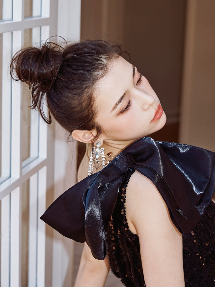 DOLLY Elegant Black Sleeveless Bow One Shoulder Slim Fit Short Dinner Date Dress-LUISA