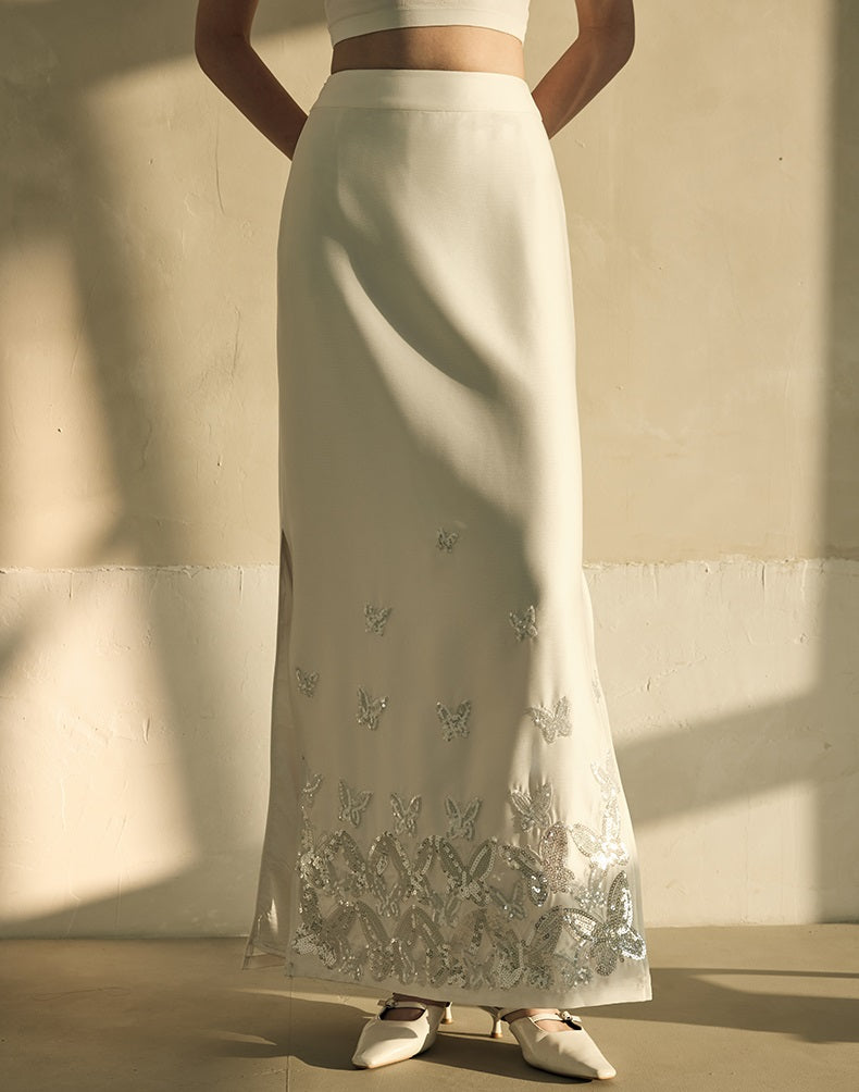 HECO Butterfly Embroidery black white High-waisted Straight Skirt Women - CODE.