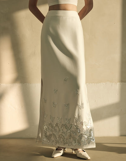 HECO Butterfly Embroidery black white High-waisted Straight Skirt Women - CODE.