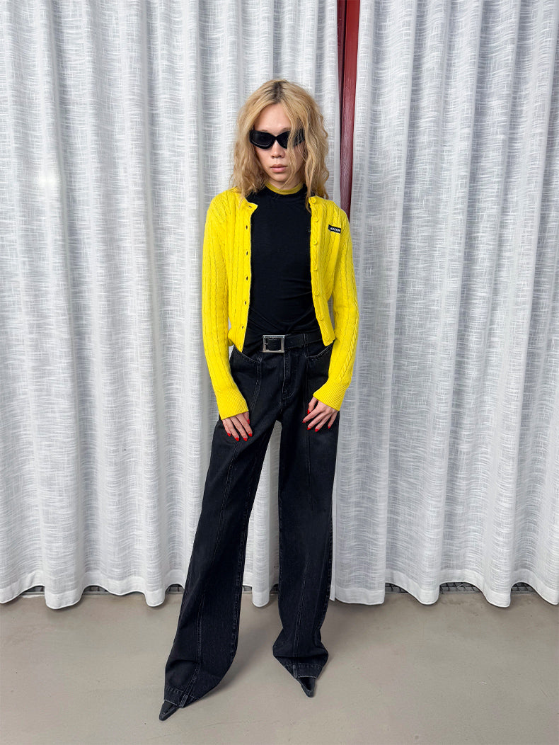 ANNAKIKI furry crew neck slim sheep knitted cardigan sweater-RIN