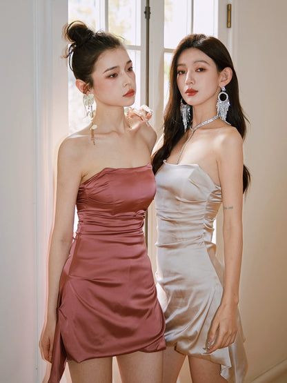 DOLLY Elegant French Style Sleeveless Tube Top Slim Fit Satin Short Dress-KARALINA