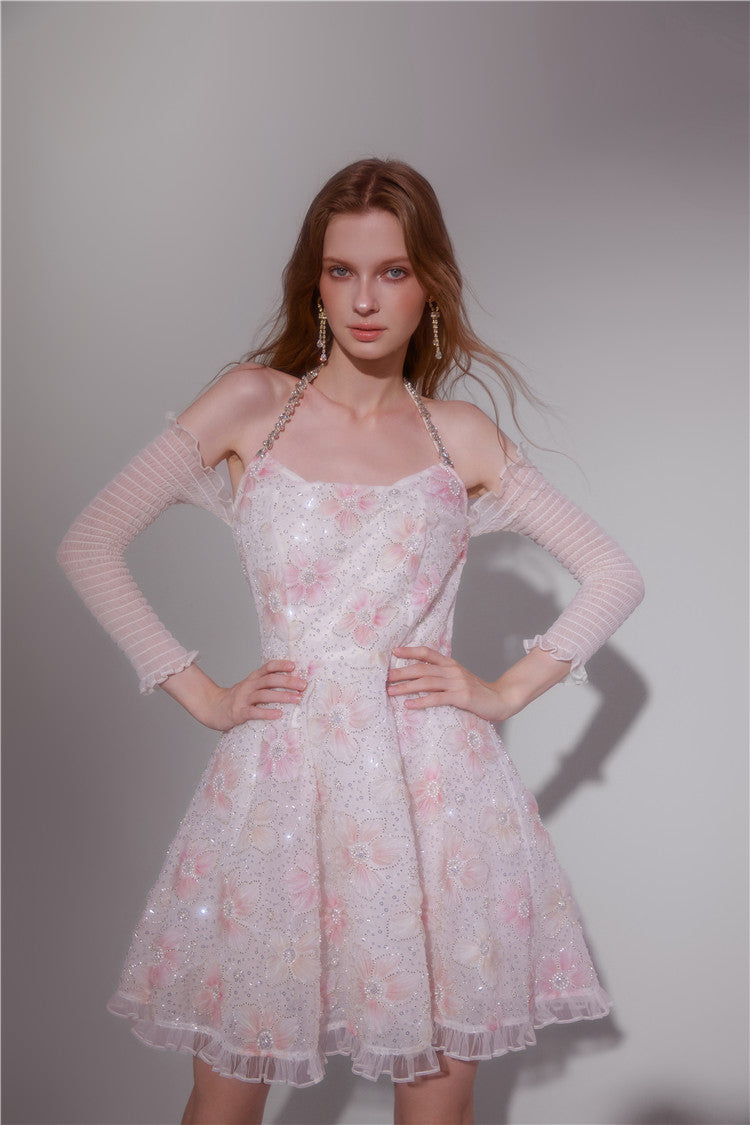 Wardrobes by Chen Elegant Pink Halter Long Sleeve Flower Dinner bridal Dress-Gika