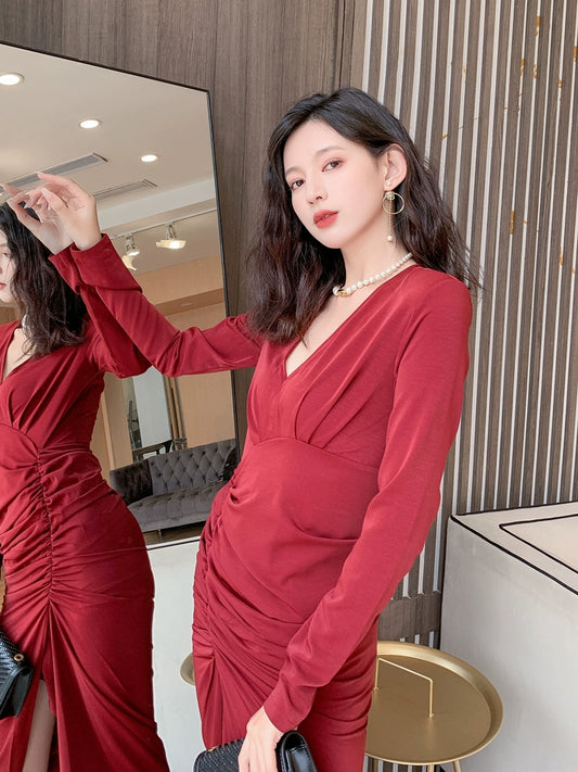 DOLLY Retro Style V-Neck Long Sleeve Pleated Waist Long Slit Dinner Dress-NEYO