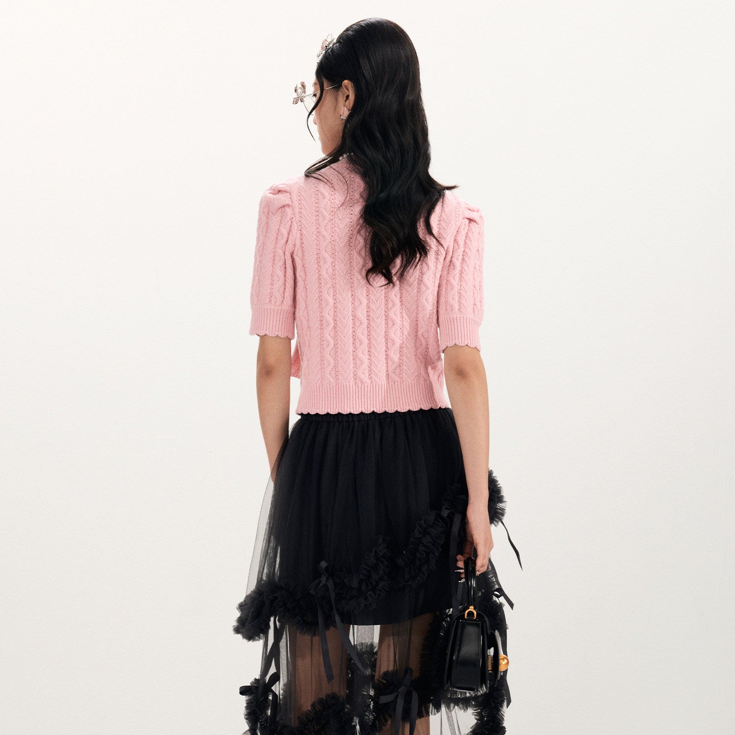FAME Big Bow Shape Beaded Short Sleeve Knitted Top - AMANDA.
