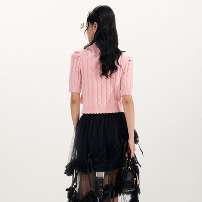 FAME Big Bow Shape Beaded Short Sleeve Knitted Top - AMANDA.