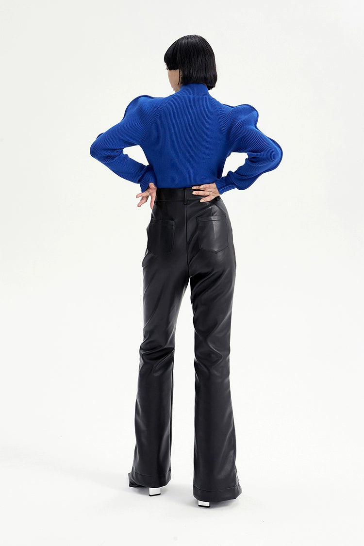 TINY IN zippered flared floor-length leather high waist pants -KON