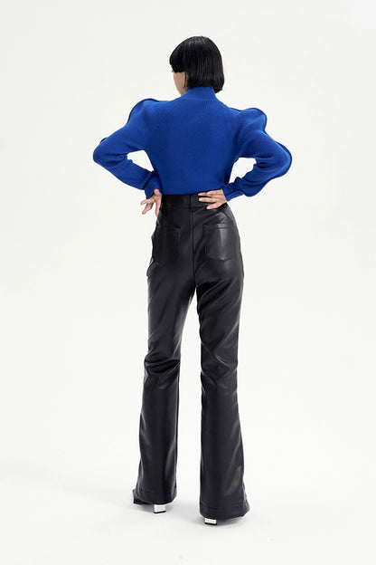 TINY IN zippered flared floor-length leather high waist pants -KON