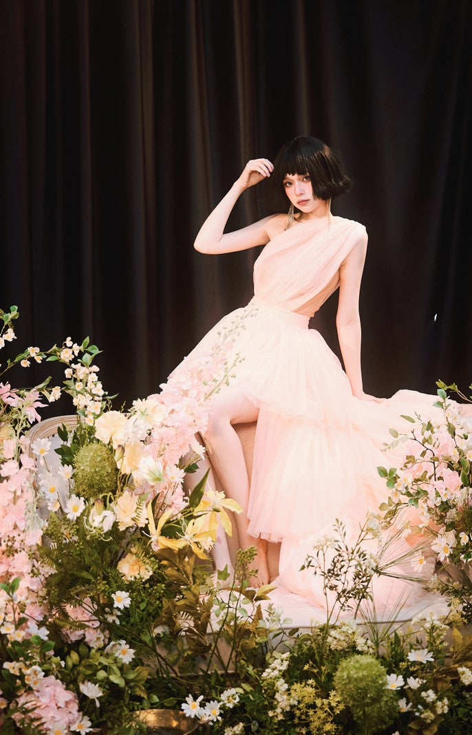 DOLLY Elegant Peach Mesh Off Shoulder Sleeveless High Waist Tutu Dress-MEDUSA  (V)