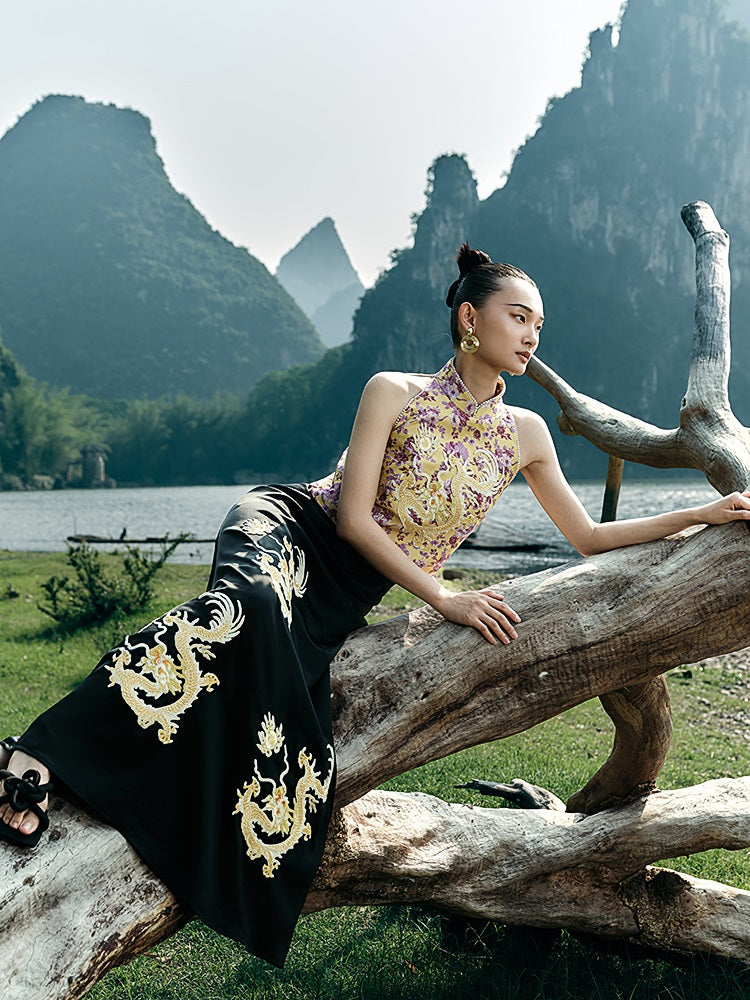 HECO Chinese Retro Style Embroidery Golden Dragon Stand-up Collar Vest Top  - QANT.