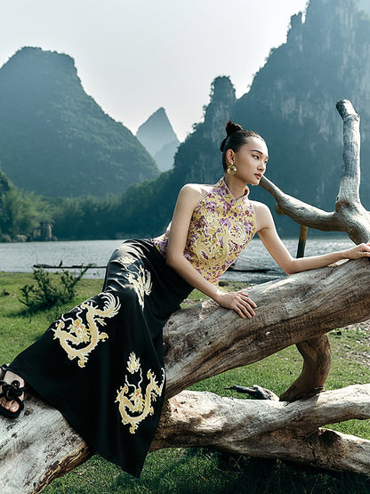 HECO Chinese Retro Style Embroidery Golden Dragon Stand-up Collar Vest Top  - QANT.