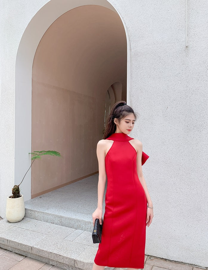 DOLLY Luxury Halter Neck Sleeveless Backless Big Bow Dinner Dress-PELA