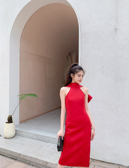 DOLLY Luxury Halter Neck Sleeveless Backless Big Bow Dinner Dress-PELA