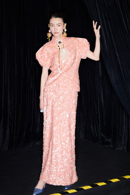 M essential Mackay designer label orange embroidered stand-up collar frame structure slim top - DEMI.