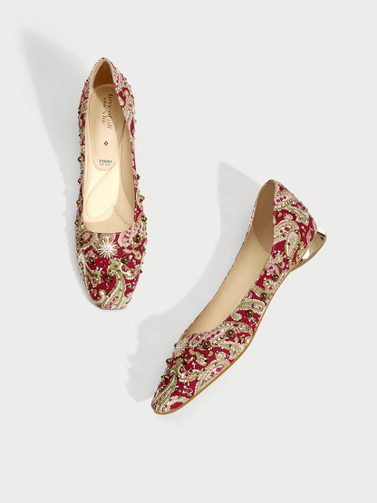 Pjjuu beaded printed red gold heel ballet flats shoes  - Hailey
