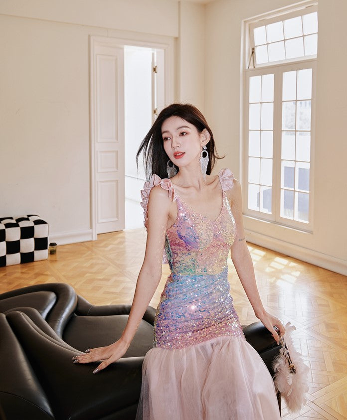 DOLLY Luxury Gradient Deep V-Neck Sleeveless Sequin Long Backless Party Dress-IVETTE