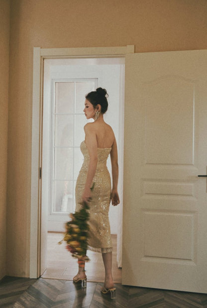 DOLLY Elegant Blue Flower Ribbon Tube Sequin Fish Tail Dinner Dress-LONE