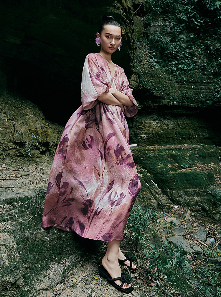 HECO Chinese Silk V-neck Dress Summer Elegant Floral Slim Long dress - GINE .