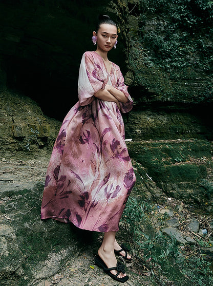 HECO Chinese Silk V-neck Dress Summer Elegant Floral Slim Long dress - GINE .