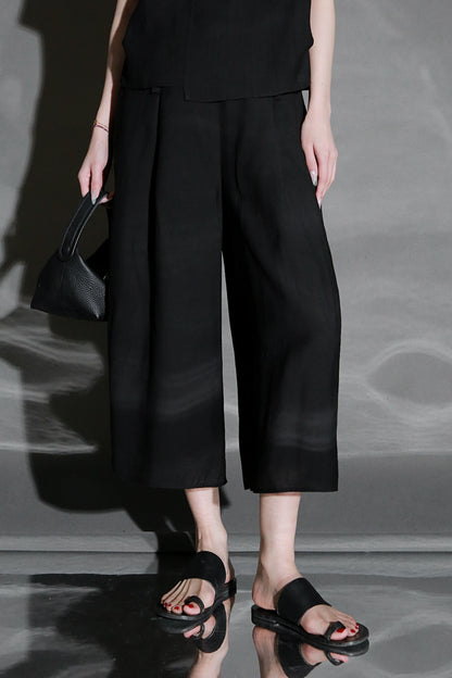 PIAOIN textured linen silk loose wide-leg cropped pants set summer-GISELLE.