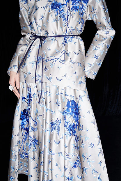 M essential Mackay designer butterfly dance jacquard blue vine and butterfly coat - WEST.