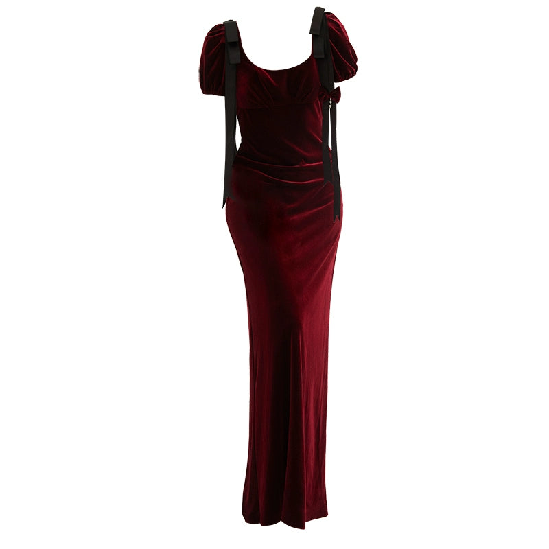 GOUDIN female burgundy velvet long high-end banquet evening dress-LIAM.
